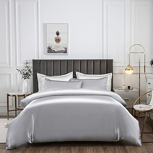Shaxia Satin Duvet Cover Set (1 Comforter Cover + 2 Pillow Shams) Silky Bedding 3 Piece Set With Zipper Closure, Twin Size, Silver Gray #TOP13