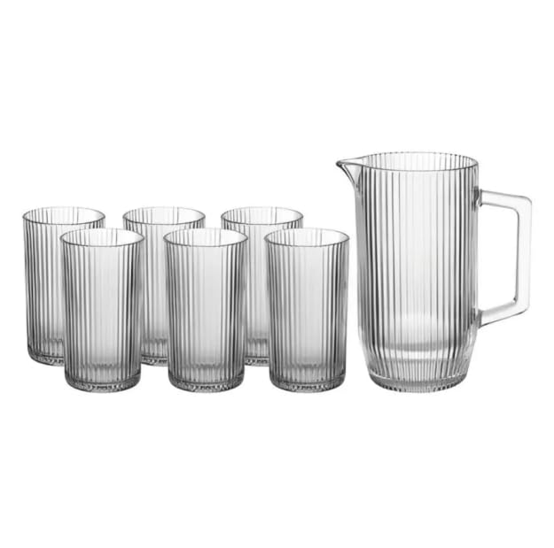 Jogo de Copos 6 Pe&ccedil;as Altos e Transparente 420ml + 1 Jarra em Vidro 1,2L Graffiato Hauskraft