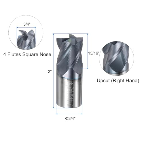 Image of uxcell Carbide Square End Mill, 3 /4 inch Diameter AlTiN Coated 4 Flutes Milling Bit Cutter, for Carbon Steel Alloy Steel Titanium Metal, 3 /4 inch Shank 15 /16 inch Cut Length 2 inch Long HRC45