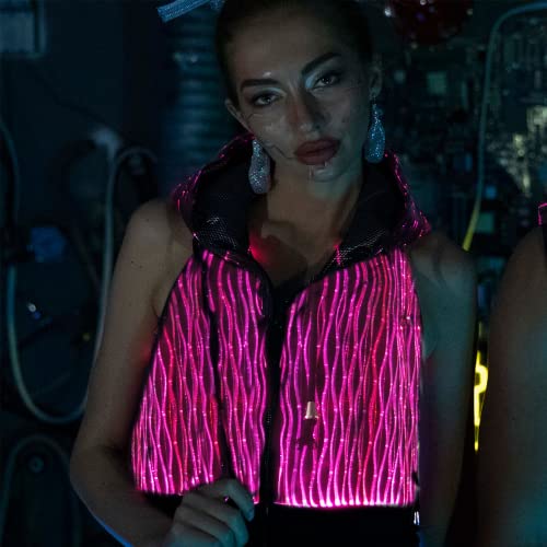 Women Sleeveless Hoodies Vest Light Up Tank Zip up Hooded Crop Tops Rave Outfits Music Festival LED Clothing4
