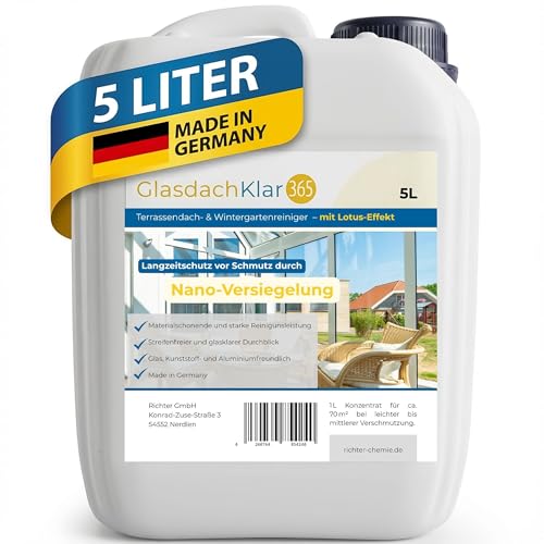 Glasdachklar365 Terrassendach- und Wintergarten Reiniger | Terassendach reinigen | Langanhaltender Schutz mit Nano-Versiegelung für Wintergärten 5 Liter