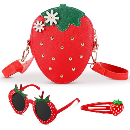 Halfchet 3 Pcs Strawberry Purse for Girls Strawberry Accessories Set Included Fruit Shaped with Rivets Sunglasses Hair Clip Birthday Gifts for Women Stuffs Fruit Accessories(Red)