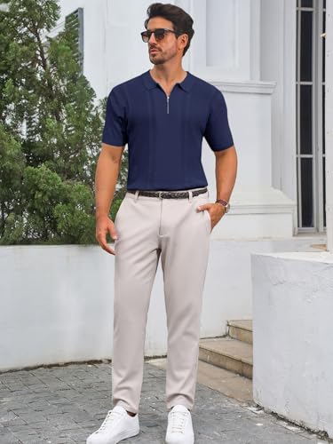 Runcati Mens Knit Polo Shirts Quarter Zip Short Sleeve Textured Casual Golf Shirt Summer Stretchy Slim Fit Collared T Shirts4