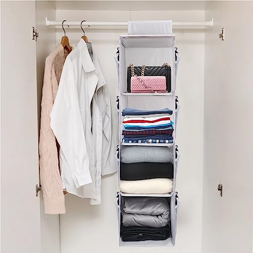 Image of 4-Shelf Hanging Closet Organizer, Space Saver, Closet Hanging Storage Shelves with Mesh Pockets & Magic Tap for Storage, Foldable-Grey
