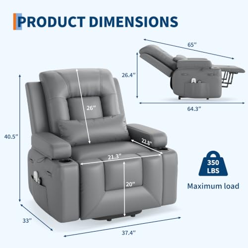 Image of GarveeHome Power Lift Recliner Chair - Heat and Massage, PU Leather Electric Lift Recliner for Elderly & Mobility Impaired, Adjustable Back and Legs, Heavy Duty Lift Chair for Seniors