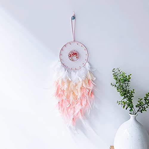 Dream Catcher, Pink Life of Tree Dream Catchers, Wall Hanging Decor with Natural Healing Crystal Stones & Colourful Feathers, Handmade Craft Ornament for Bedroom Nursery Wedding Baby Teenage Girls