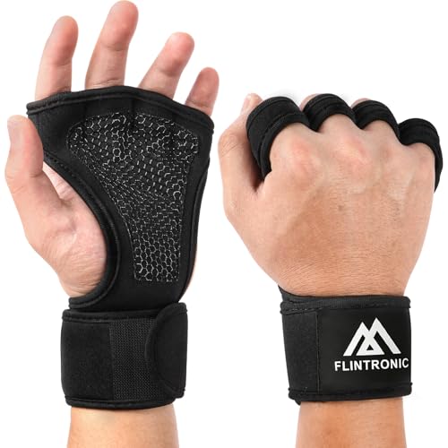 flintronic Offene Trainingshandschuhe, Fitness Handschuhe Herren Damen mit Integrierten Handgelenksmanschetten und Vollflächiger, Trainingshandschuhe für Training, Klimmzüge, Calisthenics (M)