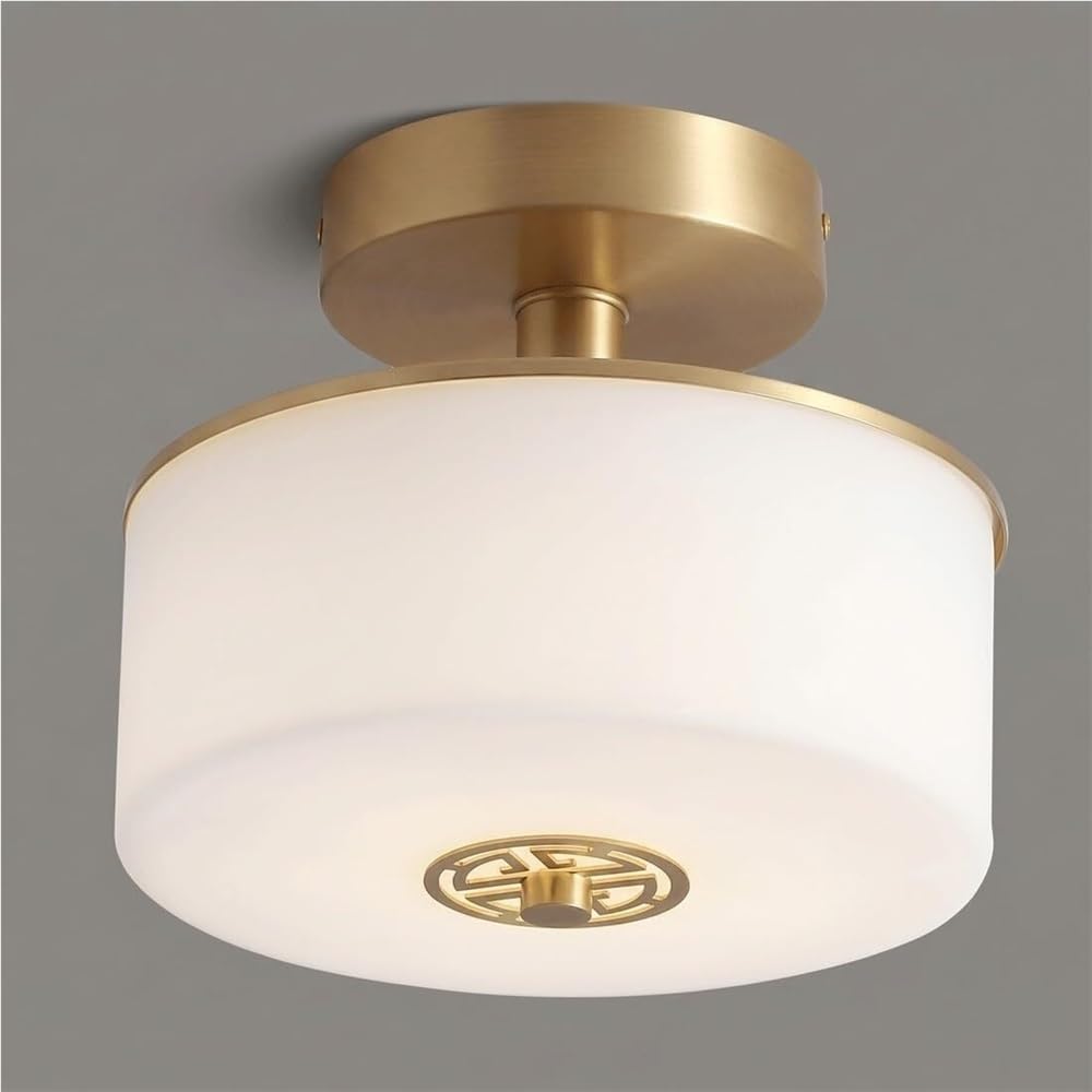 LYOUAE Chinese-Style Solid Brass Flush Mount Ceiling Light Round LED Glass Ceiling Light Minimalist Modern Close to Ceiling Light Fixtures