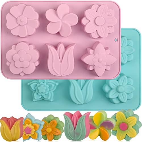 Sakolla 6-Cavity Flower Soap Molds Silicone 2 Pack Tulip Different Flower Shapes Silicone Molds for Soap Lotion Bar Bath Bombs Chocolate Candy Baking Molds Jelly Ice Cube Tray