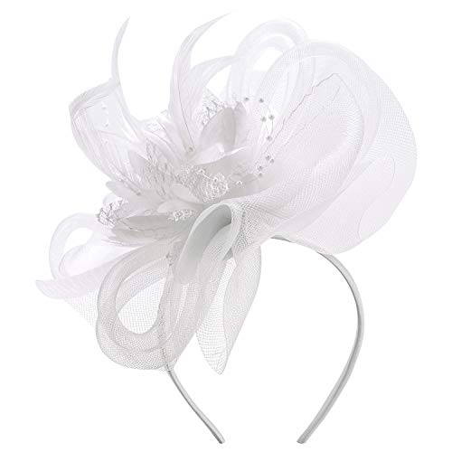Flower Feather Fascinator Hat Wedding Cocktail Tea Party Mesh Net Veil Headband Bridal Shower Hair Clip Headpiece with Beads Ladies Pillbox Hat Costume Headwear Accessories for Royal Ascot Races