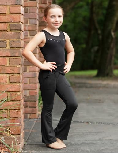 Bundle of Girls Flare Leggings Crossover Yoga Pants Size 13-14 Years Old Stretchy Solid Black Bell Bottoms with Pockets3