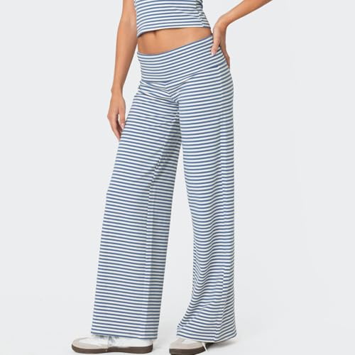 Women Striped Fold Over Wide Leg Pants Elastic Waist Casual Low Rise Cute Lounge Pants2