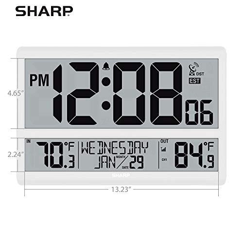 Sharp Atomic Clock - Never Needs Setting! –Easy To Read Numbers - Indoor/ Outdoor Temperature, Wireless Outdoor Sensor - Battery Powered - Easy Set-Up!! (4" Numbers) #TOP4