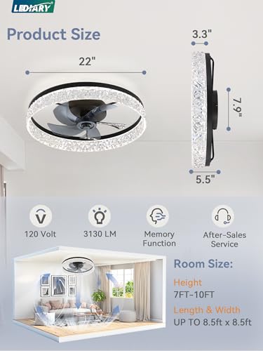 Image of LEDIARY 22 inch Low Profile Ceiling Fans with Lights, APP & Remote, Black