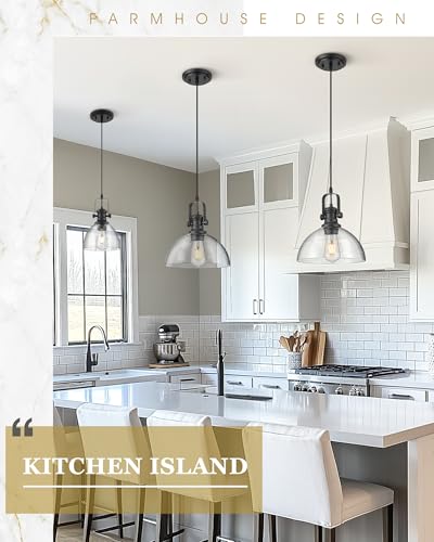 Image of 2-Pack Black Pendant Lights Kitchen Island, 10.5 inch Farmhouse Pendant Lighting with Clear Seeded Glass Shade, Vintage Hanging Light Fixtures for Dining Room, AD-22151-1P2L-BK