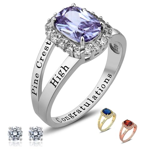 Ccjcinata Personalized 10kt White Gold Class Ring with Cubic Zirconia Birthstone Women's Graduation Customizable Women's Class Ring High School & College Sizes 5-15