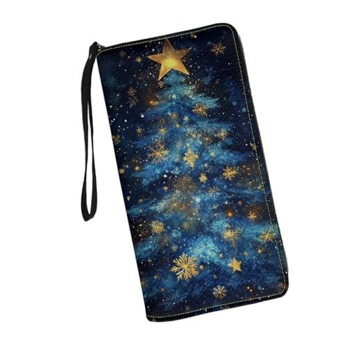 Blue Christmas Tree Wallet for Women Long Zipper Card Holder Clutch Leather Purse Handbag Wristlet Strap