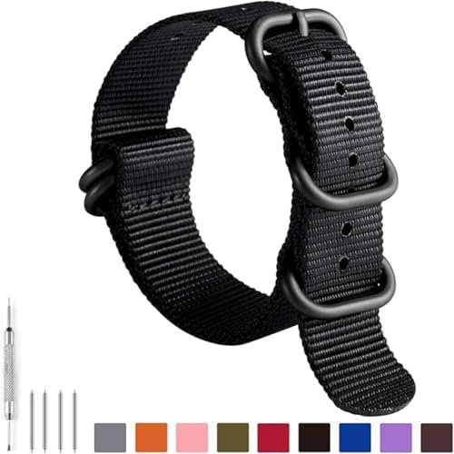 BINLUN Premium Ballistic Nylon Watch Strap, Heavy Duty 5-Ring Replacement Watch Band with Stainless Steel Buckle, Durable & Comfortable Sport Band for Men Women, Fits 18-24mm(Black-Black,20mm) - 1