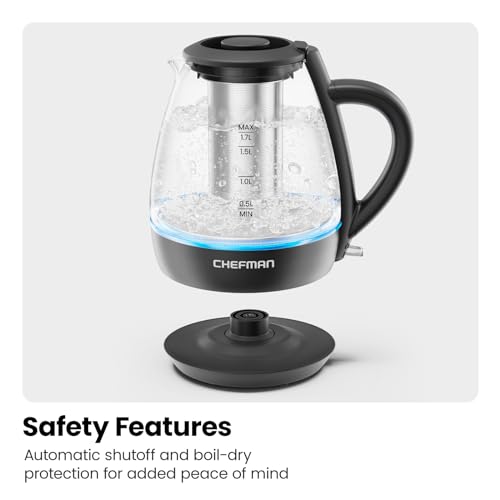 Chefman Electric Kettle with Tea Infuser, 1.7L 1500W, Removable Lid for Easy Cleaning, Boil-Dry Protection, Stainless Steel Filter, BPA Free, Auto Shut Off Hot Water Boiler, Glass Electric Tea Kettle