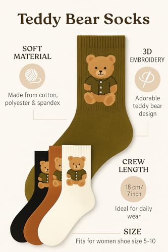 Cute Teddy Bear Crew Socks for Women and Men - Cozy Thick Winter Socks - Soft Breathable Cotton - 4 Pairs Set - Black Rust Cream Olive Colors - Comfortable Casual Warm Gift Idea for Christmas2