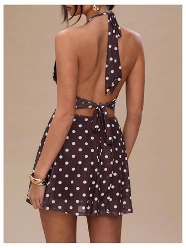 Milumia Women's Polka Dots Ruched Backless Halter Mini Dress Sexy Deep V Neck A Line Short Dresses3
