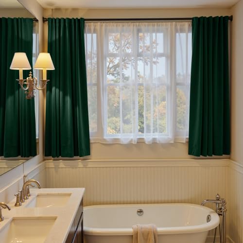 Image of Blackout Emerald Green Velvet Curtains 52x63 Inch 2 Panels | Soft Velvet, For Small Windows, Kitchens & Bathrooms, Light Shifting Texture, Elegant Drape, Classic