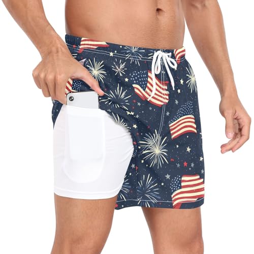 Men's Swim Trunks America Flag Firework Pattern Quick Dry Navy Swimwear Beach Shorts with Pockets2