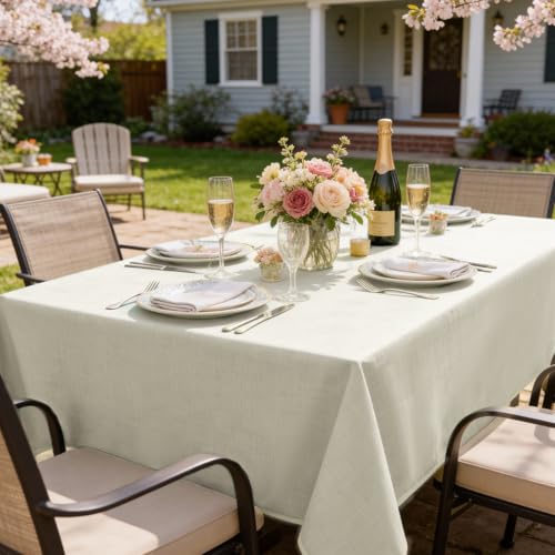 Image of Softalker Vinyl Tablecloth Rectangle, Outdoor 100% Waterproof Oil Proof Plastic Edge Binding Table Cloth, Heavy Duty Thick Wipeable PVC Table Covers for Picnic Dining Party - 54 x 78 Inch, Beige