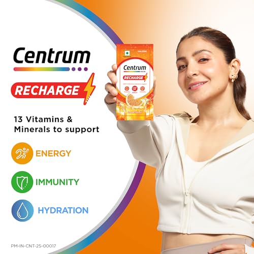 Image of Centrum Recharge: Tasty Orange Flavoured Powder Drink Mix | No Added Sugar| Instant Energy & Hydration | 13 Vitamins & Minerals | Boosts Immunity | Vitamin B, C, Zinc, Magnesium | Pack of 36 sachets