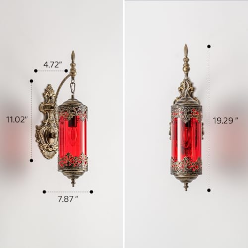 Image of Vintage Wall Sconce with Red Glass, Rustic Black Brushed Gold Farmhouse Wall Light Fixture, Antique Gothic Decorative Metal Wall Lamp for Hallway, Bedroom, Living Room, Entryway