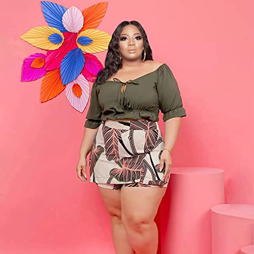 Image of Women Plus Size Skirt Two Piece Outfit Short Sleeve Off The Shoulder Crop Top shorts Dress Suit Set