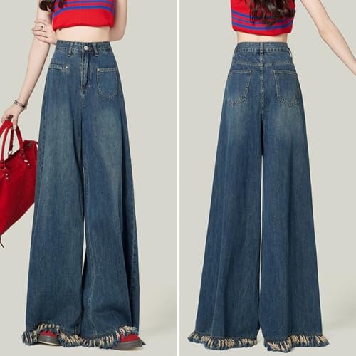 Women's Fashion High Waist Baggy Jeans Y2K Vintage Flare Fringe Leg Casual Wide Leg Flowy Denim Pants3
