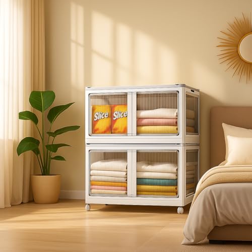 Image of Sunderlook Plastic Wardrobe for Kids Clothes - Standing Desk Premium Comfort Foldable Collapsible Wardrobes for Clothes, Large Plastic Cupboard for Kids, Men and Women (Classic White, 2 Door)