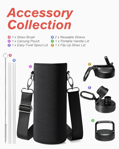Image of Coolflask 40 oz Water Bottle Insulated with Straw & 3 Leakproof Lids