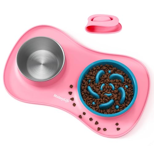 MateeyLife Set di ciotole per cibo per cani 3 in 1, ciotole per cani con alimentazione lenta e ciotola in acciaio inox con tappetino in silicone anti-fuoriuscita, ciotole per l'alimentazione lenta per