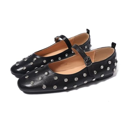 ChaiRong Zhou Women Square Toe Sparkly Rhinestone Mary Jane Shoes Pu Leather Buckle Straps Low Heel Casual Ballet Dress Flats