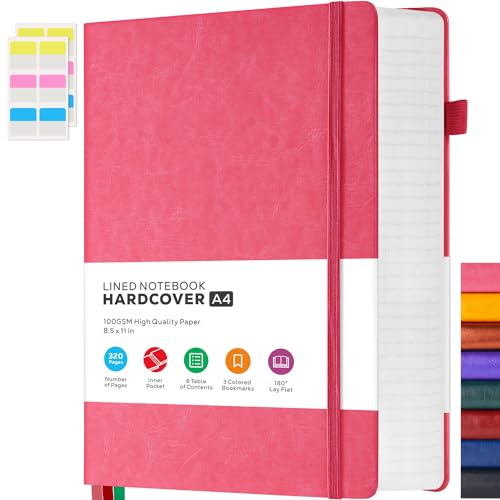 FOCUS DAY Bullet Lined Journal Notebook for Women/Men Writing Work, 320 Pages A4 Large Notebook notepads 8.5 x 11 for Note Taking, Hardcover Leather Journal, 100Gsm Thick Paper, Pink