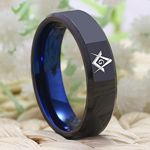 Masonic Freemason Compass Square Ring - 4mm/6mm Black Bevel Polished Finished and Blue Inside Tungsten Carbide - Free Customized Engraving3