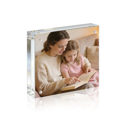 BSRHOME Acrylic Frame 4x4 Picture Frame 1 Pack 20MM Thicker Block Double Sided Magnetic Clear Freestanding Photo Frame for Desk or Tabletop Display