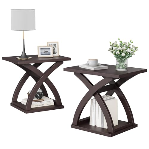 Image of ChooChoo End Side Table Set of 2, Modern End Table with Storage Shelf, X-Design Side Table Living Room (Espresso)