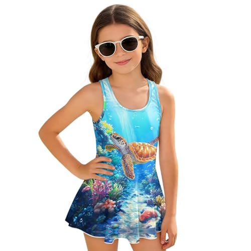 Uacyareni Traje de baño de una pieza con falda para niñas, sin mangas, modesto, traje de baño para niños de 3 a 13 años, Coral tortuga marina, 12-13 años