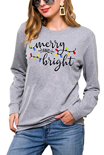 Image of Christmas Sweatshirt Women Merry and Bright Christmas T-Shirt Funny Xmas Lights Blouse Tops Holiday Shirts