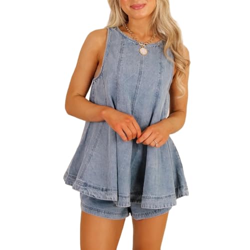 BIUPOS Denim 2 Piece Set For Women Sleeveless Crew Neck Pleated Top Loose Shorts 2026 Fashion Lounge Jean Shorts Work Out Set