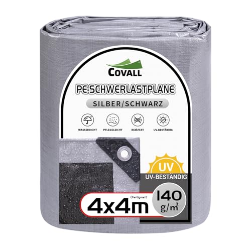 Covall Abdeckplane mit Ösen Wasserdicht Gewebeplane Plane Tarp Schwerlast 4x4m Schutzplane Abdeckung Bauplane Bodenplane 140g/m² Silber/Schwarz Dach Pool Auto LKW Camping Zelt BAU Garten