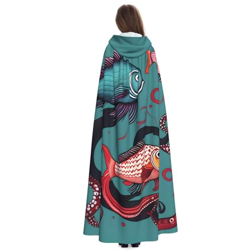 Fisch- und Oktopus-Druck, Unisex, Erwachsene, mit Kapuze, bequemer Umhang, Cosplay, Kostüm, Halloween, Weihnachten, Karneval