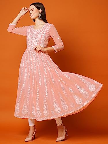 Image of ANNI Designer Women's Georgette Regular Fit Chikankari Embroidered Anarkali Kurti