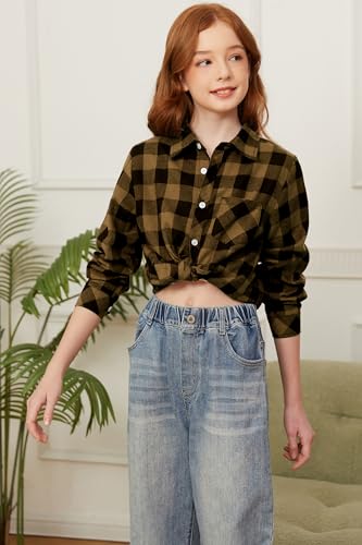 Image of SANGTREE Women and Girls Long Sleeve Flannel Casual Button Down Plaid Shirt