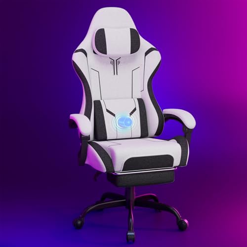 Soontrans Gaming Stuhl mit Massagefunktion Gaming Chair mit Fußstütze und Kopfkissen Gaming Sessel Rückenlehne bis zu 135° Neigbar 150 kg Belastbarkeit (Weiß)