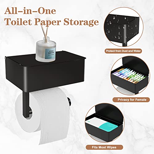 Bjiotun Toilet Paper Holder With Shelf - Sus304 Stainless Steel Toilet Paper Storage With Wipes Dispenser & Toilet Paper Roll Holder Wall Mount For Bathroom Storage, No Drill To Install - Matte Black #TOP1