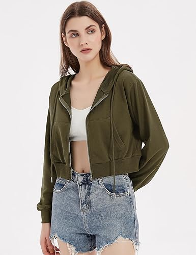 Image of Casual Wear Solid Crop Zipper Jacket Hooded Neck Full Sleeves with Kangaroo Pocket Hoodie for Women